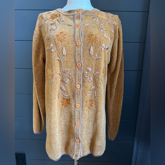 Fall Leaves Embroidered Button-Up Women's Sweater - Mustard - Picture 1 of 8